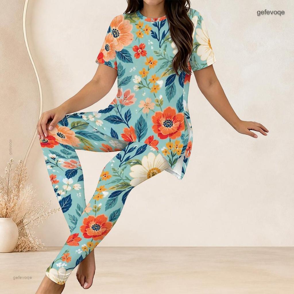 Women Plus Size Two Piece Set Round Neck Short Sleeve Floral Printed Long Top And Fitted Pants