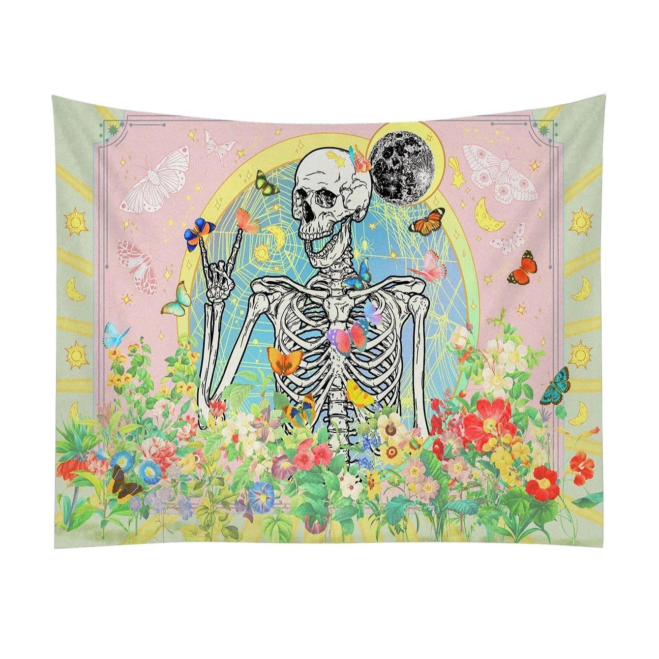 

Boho Skeleton Floral Tapestry Trippy Butterfly Moon Print Polyester Wall Hanging Pastel Gothic Themed Home Decor for Living Ro 74x94cm(29x37in)