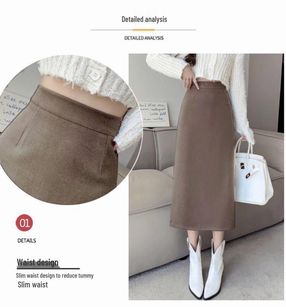 Women's 2025 Autumn Wool High-Waisted Mid-Length Pencil Skirt with Slit