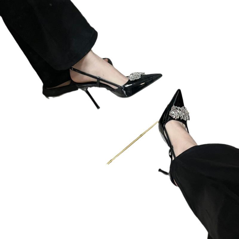 Spring new black high heels pointed temperament rhinestone bag head empty word with sandals female sexy