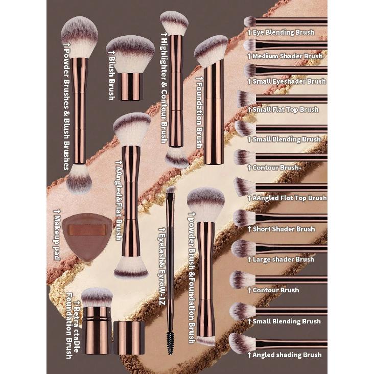 22pcs Professional Makeup Tools Set With Velvet Bag,20pcs Soft Long Aluminum Tube Makeup Brush Set+2pcs Powder Puffs Accessories