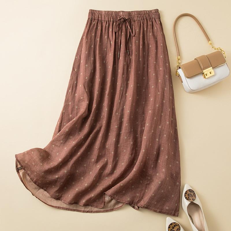 

Зима 2025 новая ретро литературная юбка женская свободная хлопково-льняная с принтом в горошек средней длины юбка большого клеша average size