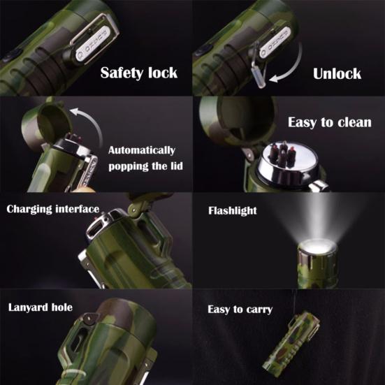 Outdoor Waterproof USB Charge Portable Lighter LED Flashlight Camping Torch Lamp