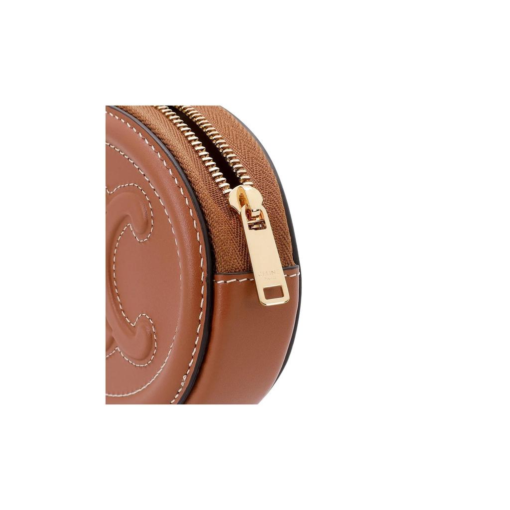 Celine Cuir Triomphe Triumphal Arch Logo Embossed Oval Zipper Smooth Calfskin Round Disc Clutch Handbag Coin Purse Extra Small Women's Tan