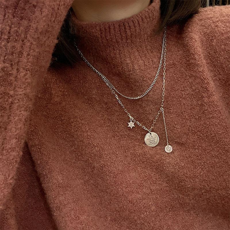 New In Early Spring, Simple Niche Double-Layer Chain, Versatile Round Brand Pendant, Five-Pointed Star Necklace, Women'S