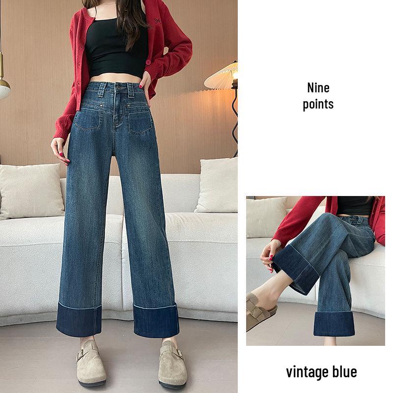 

High-Waisted Elastic Cuff Straight-Leg Jeans for Women – New Spring/Autumn Loose, Drapey, Slimming Petite Style Cropped Pants 2XL (approx. 66-70 kg)