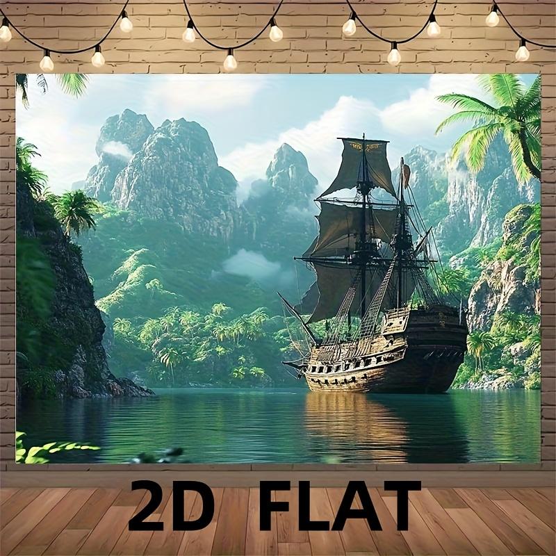 2D Plane, 1 Piece of Pirate Ship Sail Banner Ocean Scenery Theme Polyester Fabric, Suitable for Festival Parties