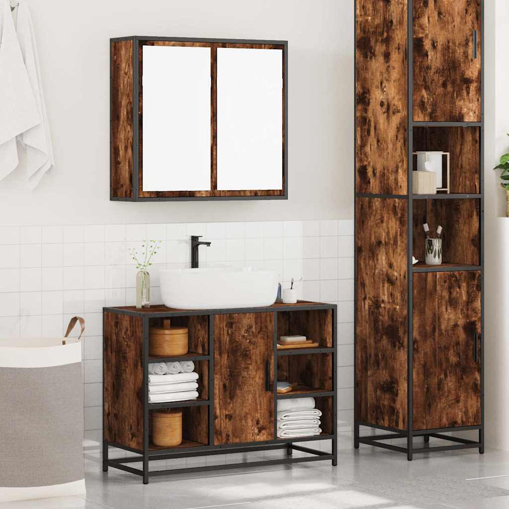 2 Piece Bathroom Furniture Set Smoked Oak Wood Based Material