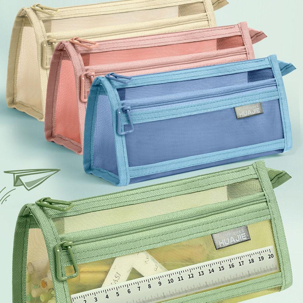 Large Capacity Transparent Pencil Case Double Layer Stationery Storage Bag Mesh Pen Bag  Students