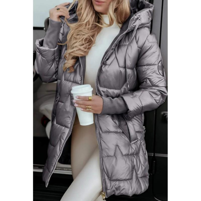 Damen Herbst/Winter einfarbige mittellange Baumwolljacke mit Kapuze und drei Reißverschlüssen M grau