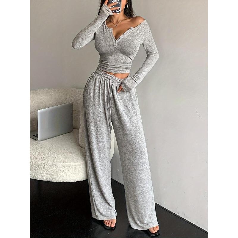 Women Solid Color Two Piece Set Long Sleeve Buttoned Fitted Top Long Pants