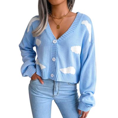 Women Cardigan Sweaters Fashionable White Cloud Pattern Loose Long Sleeve V Neck Cardigan Tops for