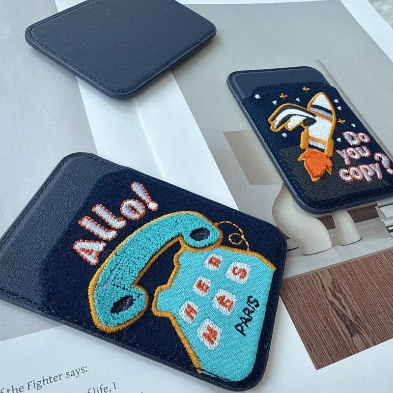 Embroidery Leather Card Holder Magnetic Card Protective Case Gps Anti-Lost Mobile Phone Bag Ultra-Thin Mobile Phone Back Clip