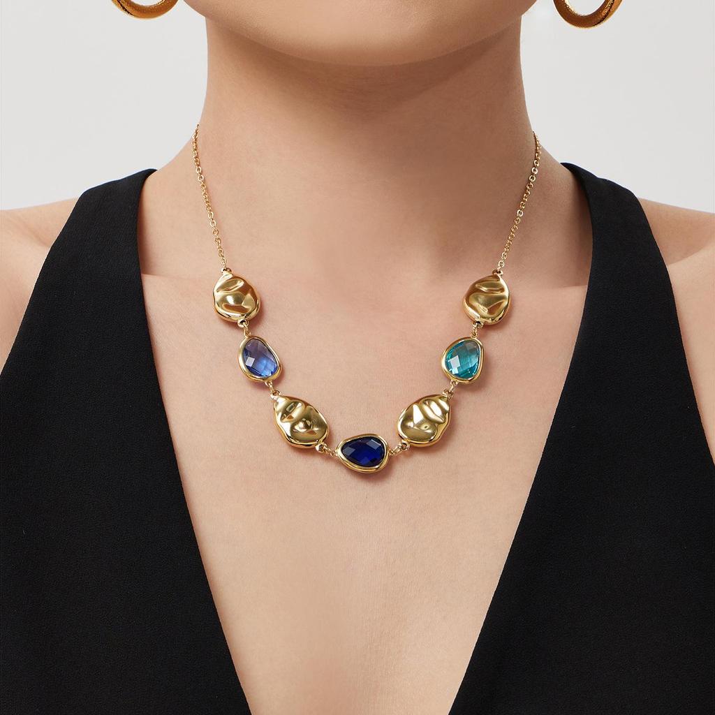 Elegant Multi-Faceted Glass Stone Clavicle Necklace - Transparent Water Drop Design, Light Luxury Style, Stainless Steel
