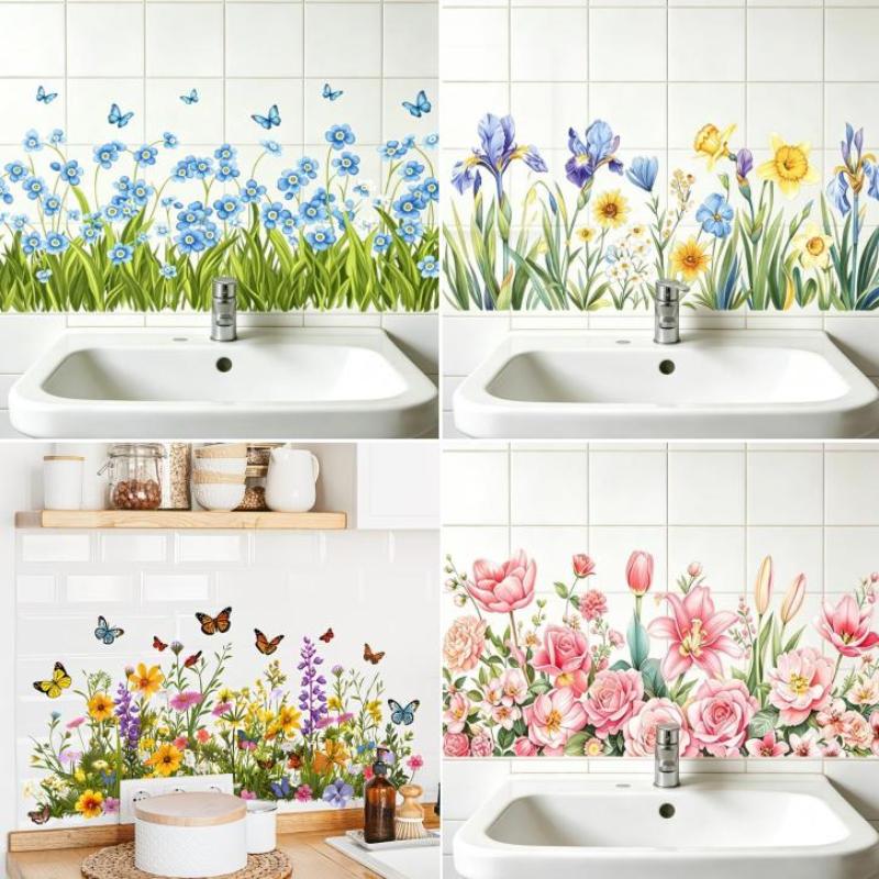 Fresh Flower Pattern Wall Sticker Waterproof Non-Marking Sink Area Background Decal for Bathroom Kitchen Decor