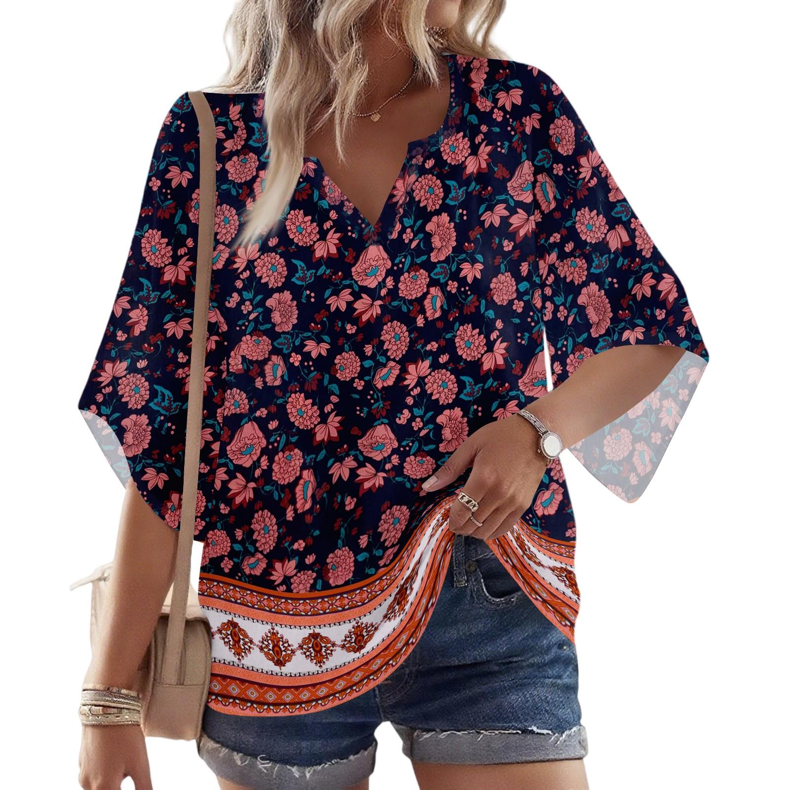 

Women s 3/4 Sleeve V Floral Shirt Casual Loose Tunic Top L армія зелений колір