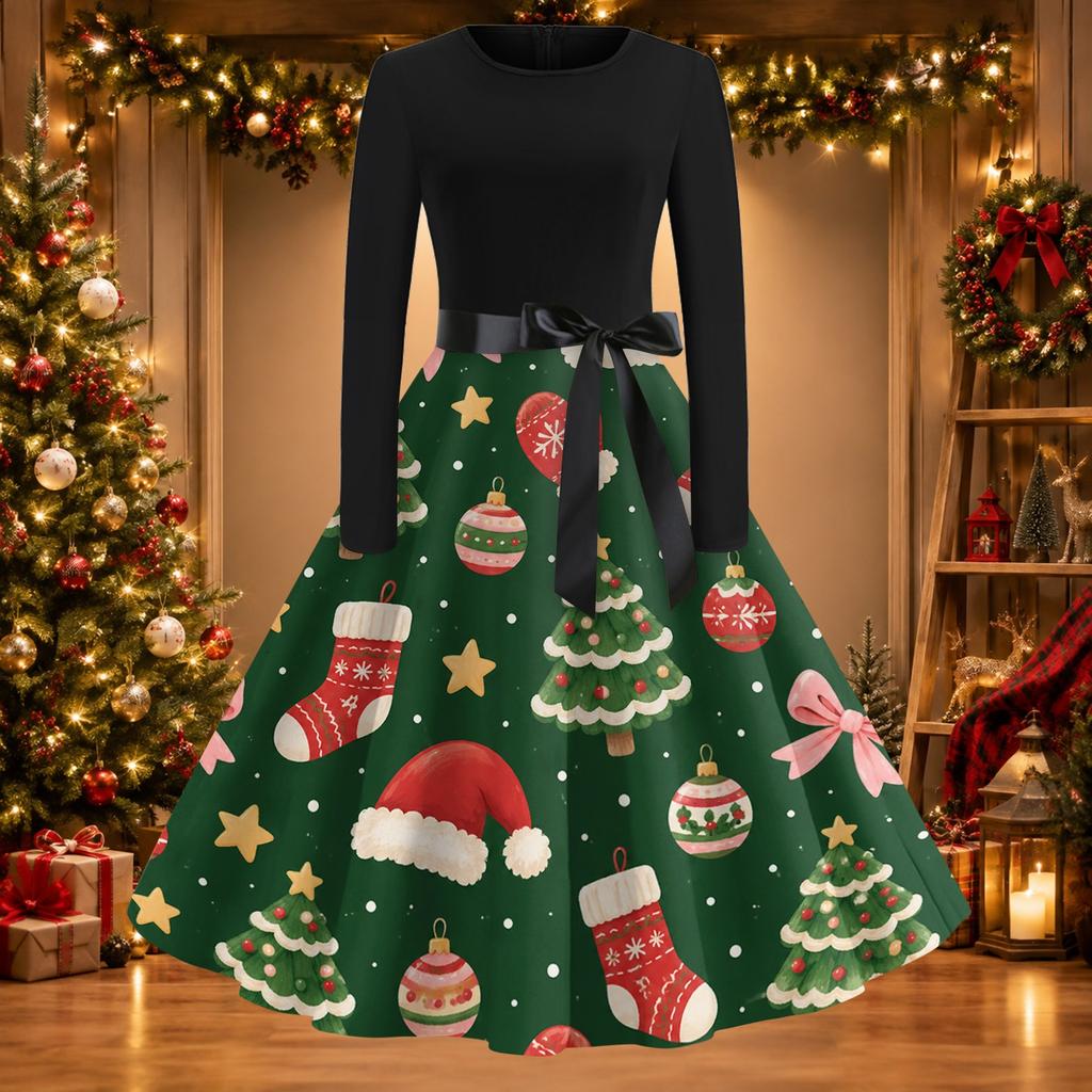 Women's Casual Christmas Print Long Sleeve Round Neck Slim Fit Flared Party Dress