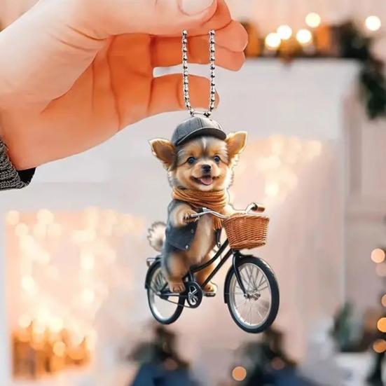 Christmas Ornament Funny Bicycle Dog Pendant Acrylic 2D Cartoon Animal Hanging Decoration for Xmas Tree Home Car Decor