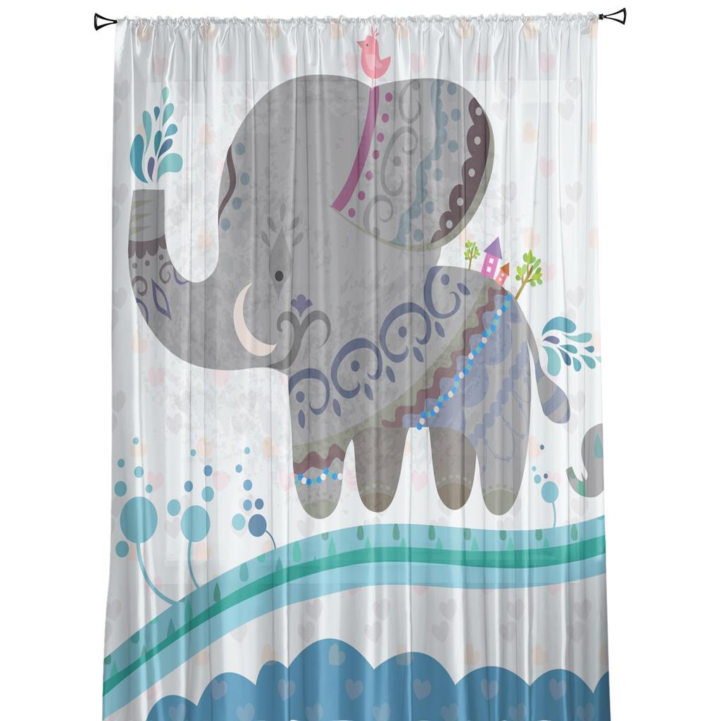 Elephant Big Stupid Bird Heart Gray Blue Sheer Curtains for Living Room Bedroom Decoration Window Voiles Morning Tulle Curtain