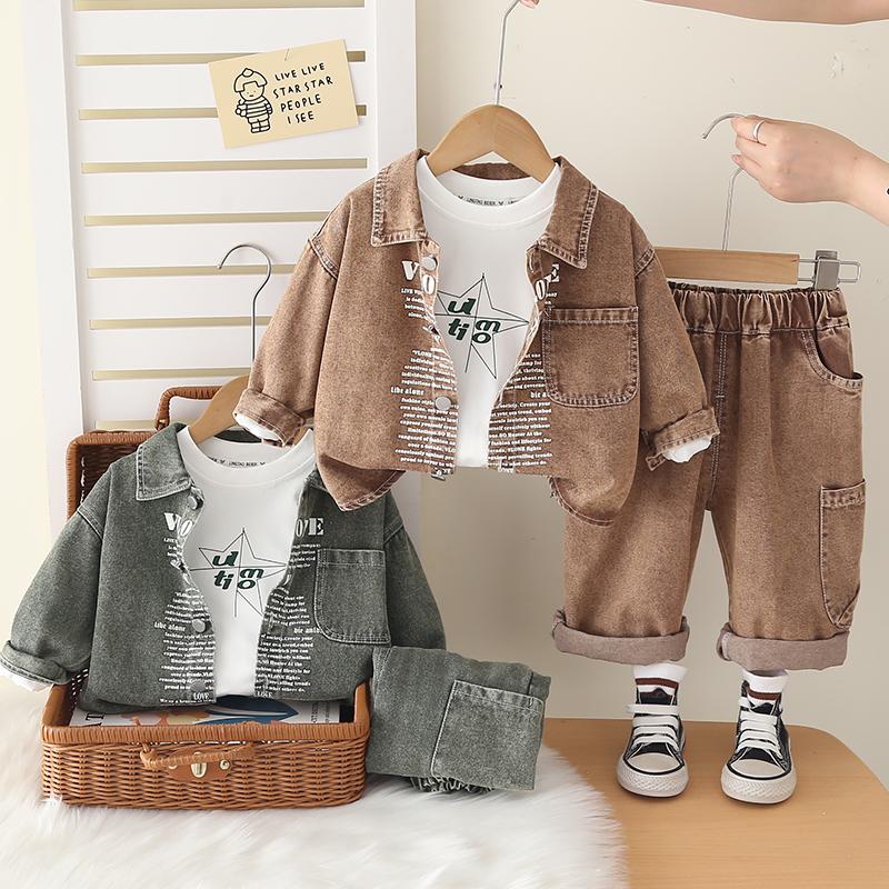 0-5-year-old Boys' Long Sleeved 3-piece Set, Boys' Fashion Suit, Children's Denim Jacket+white T-shirt+denim Pants