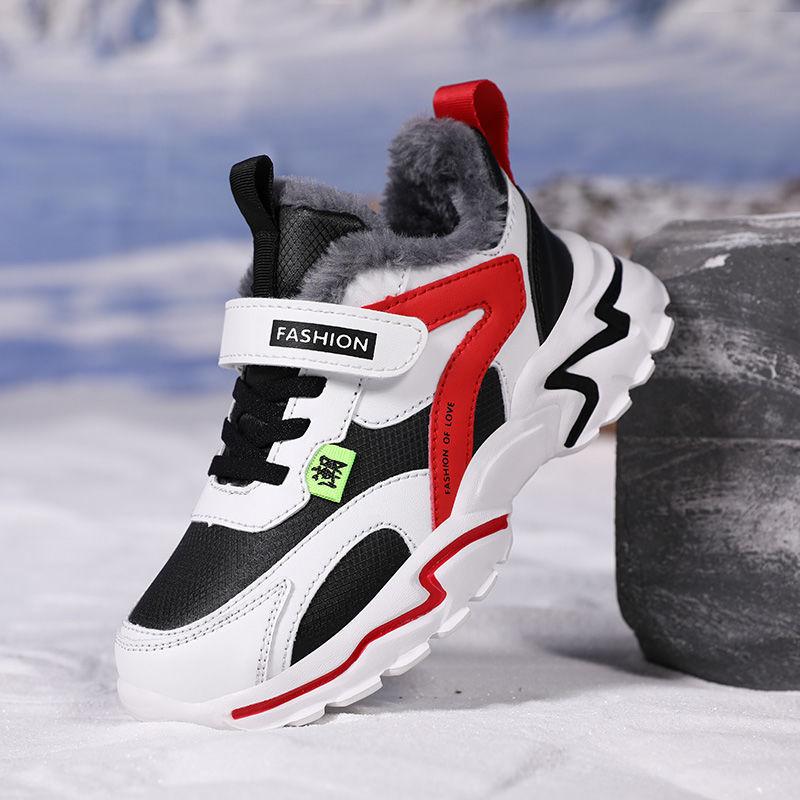 Boys' sports shoes autumn and winter leather large cotton shoes children's velvet middle and older children's primary school students running shoes c