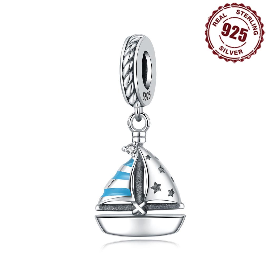 Copper Metal Blue Sailboat Pendant Bead Component Bracelet High Quality Fine Jewelry Charm Bead Components Compatible With Bangle Designed For Women
