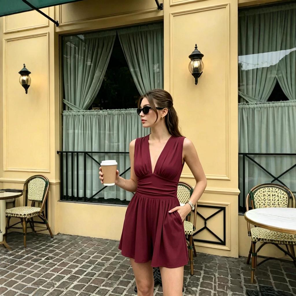 European & American Style Deep V-Neck Sleeveless Jumpsuit, Women's Summer Waist-Cinching Wide-Leg Shorts