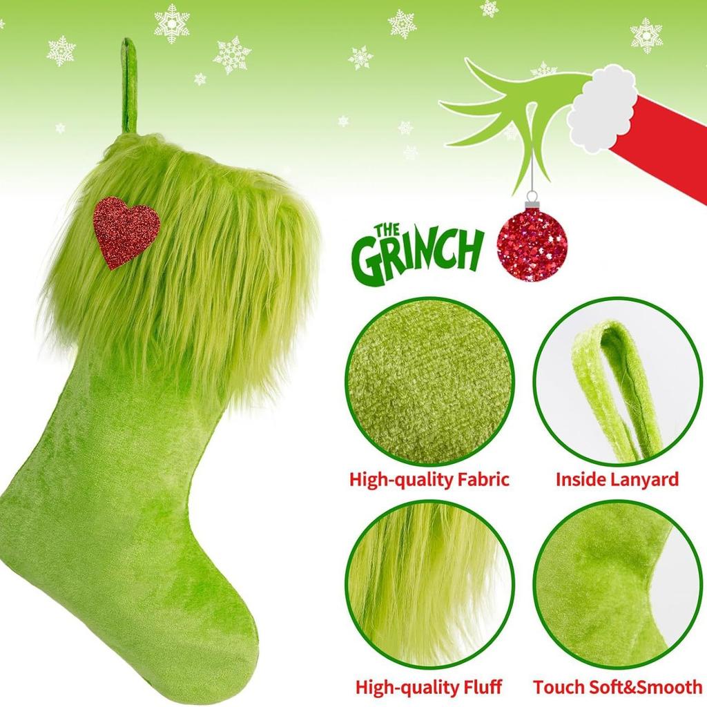 Christmas Green Stocking Decor 9Inches Classic Green Christmas Stockings 6Pieces Faux Flush Christmas Decor Candy Pouch For