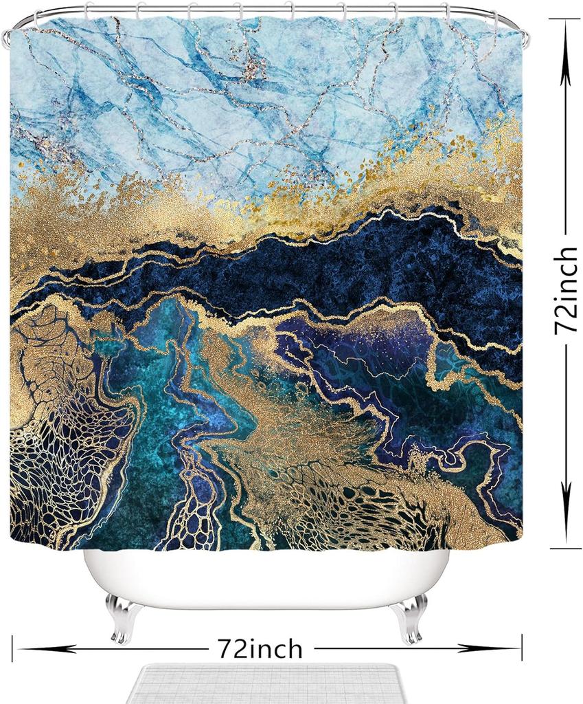 Marble Shower Curtain, Blue Marble Shower Curtain Set, Abstract Navy Blue Gold Glitter Veins Texture Marble Shower Curtains For