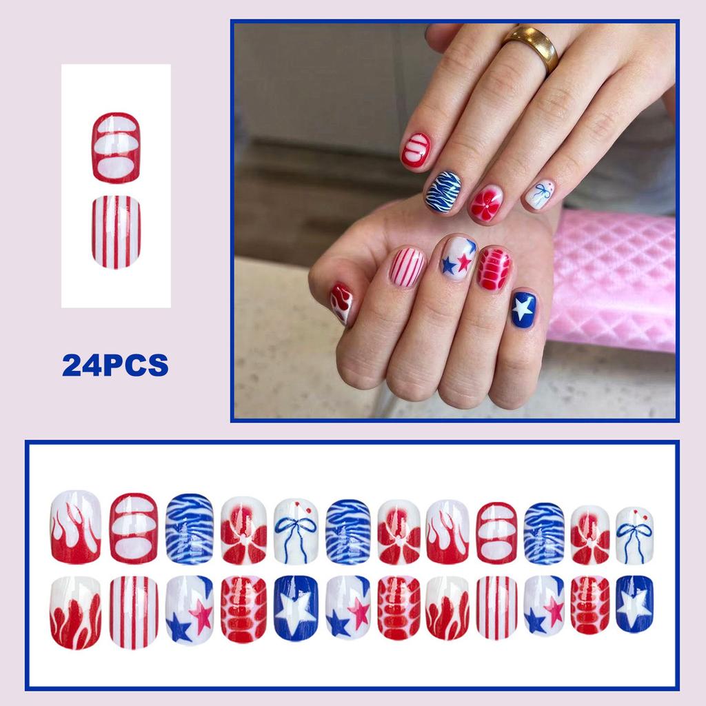 24Pcs Star Striped UV Nail Tips Resin False Nails for Party and Holiday Use