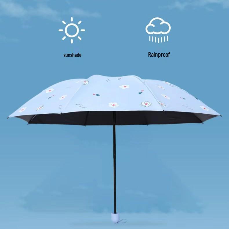 Compact Black Vinyl Folding Umbrella for Female Students - Sun & Rain Protection, Small Fresh Style.