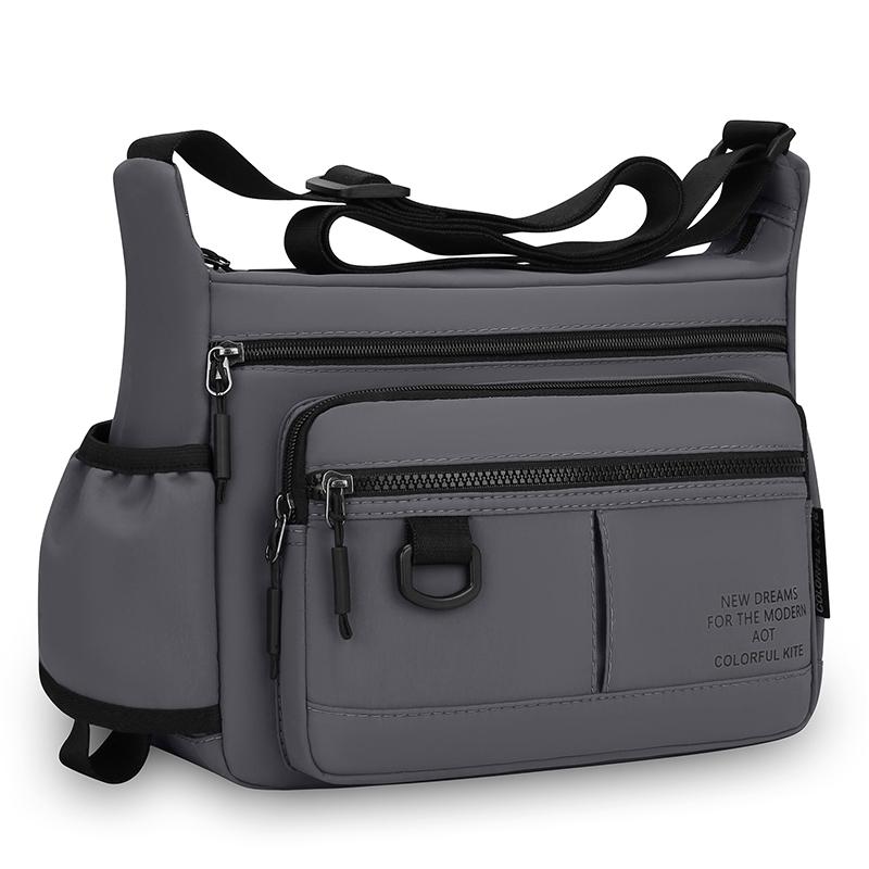 Multi-Zipper Pocket Men Shoulder Crossbody Bag with Bottler Holder Large Space Casual Messenger Bag for Outdoor Daily Use