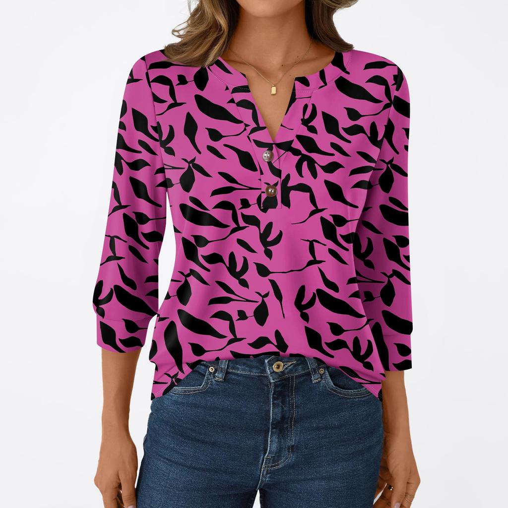 Damesmode Casual 3/4 Mouw T-shirt Prints V-hals Knoop Top