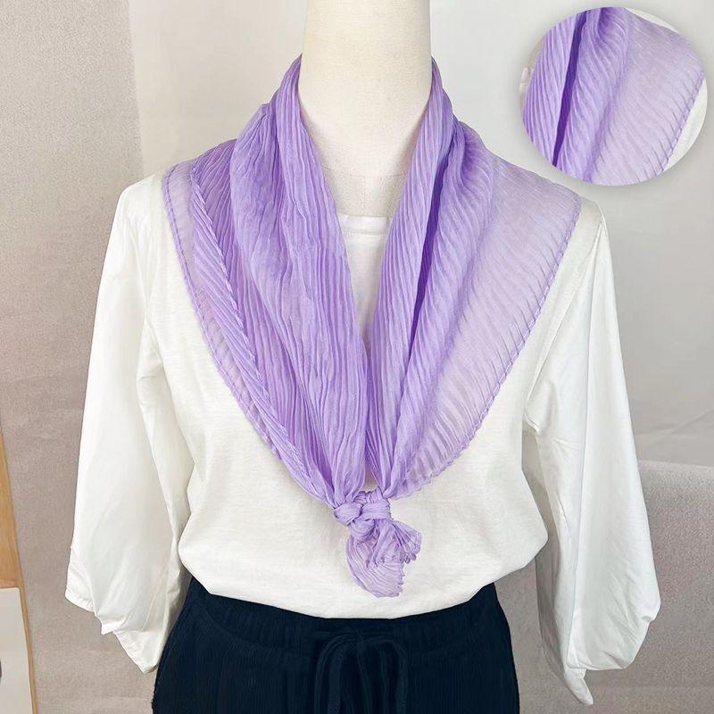 Women's Pleated Solid Color Small Square Scarf | Purple Neck-Protecting Silk Scarf Professional Spring-Autumn Scarf Decorative Neck Wrap for Ladies