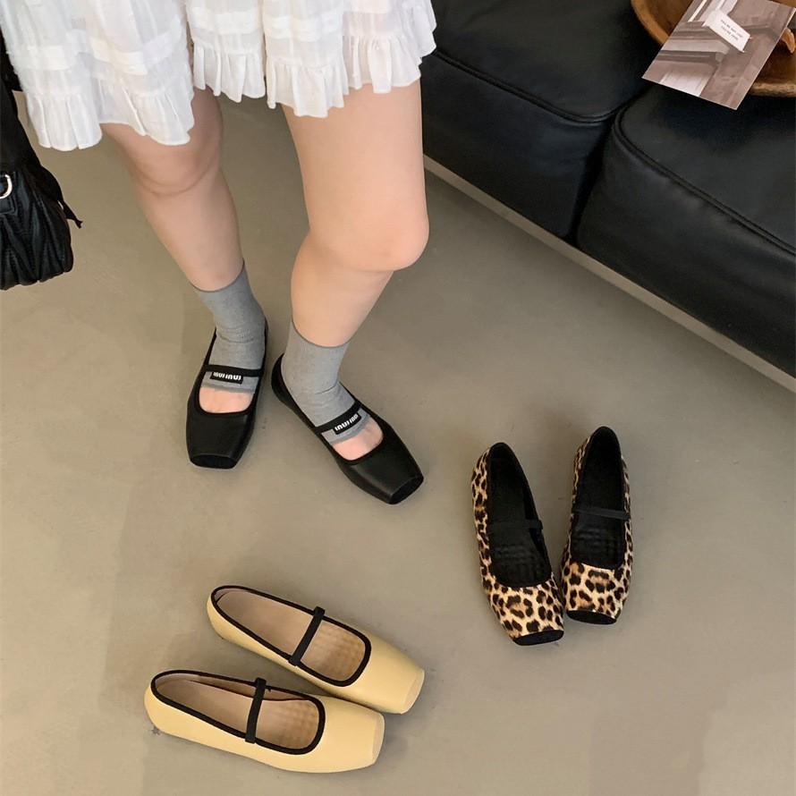 Spot~ French one-word buckle with square head Mary Jane shoes comfortable light soft mouth leopard print flat sole shoes women