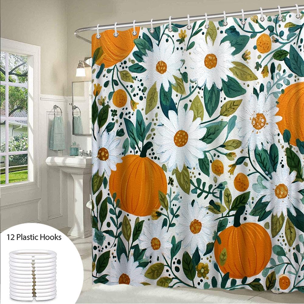 1pc Large Rustic Farmhouse Shower Curtain - Beige & Mustard Yellow Pumpkin & Daisy Botanical Print Bathroom Decor with Green Fol