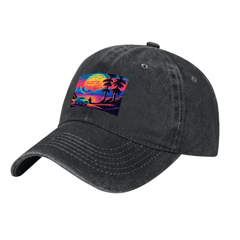 Tropical Sunset Vibes Washed Canvas Baseball Cap with Palm Trees and Classic Car Design Retro Art Style Unisex Adjustable Hat