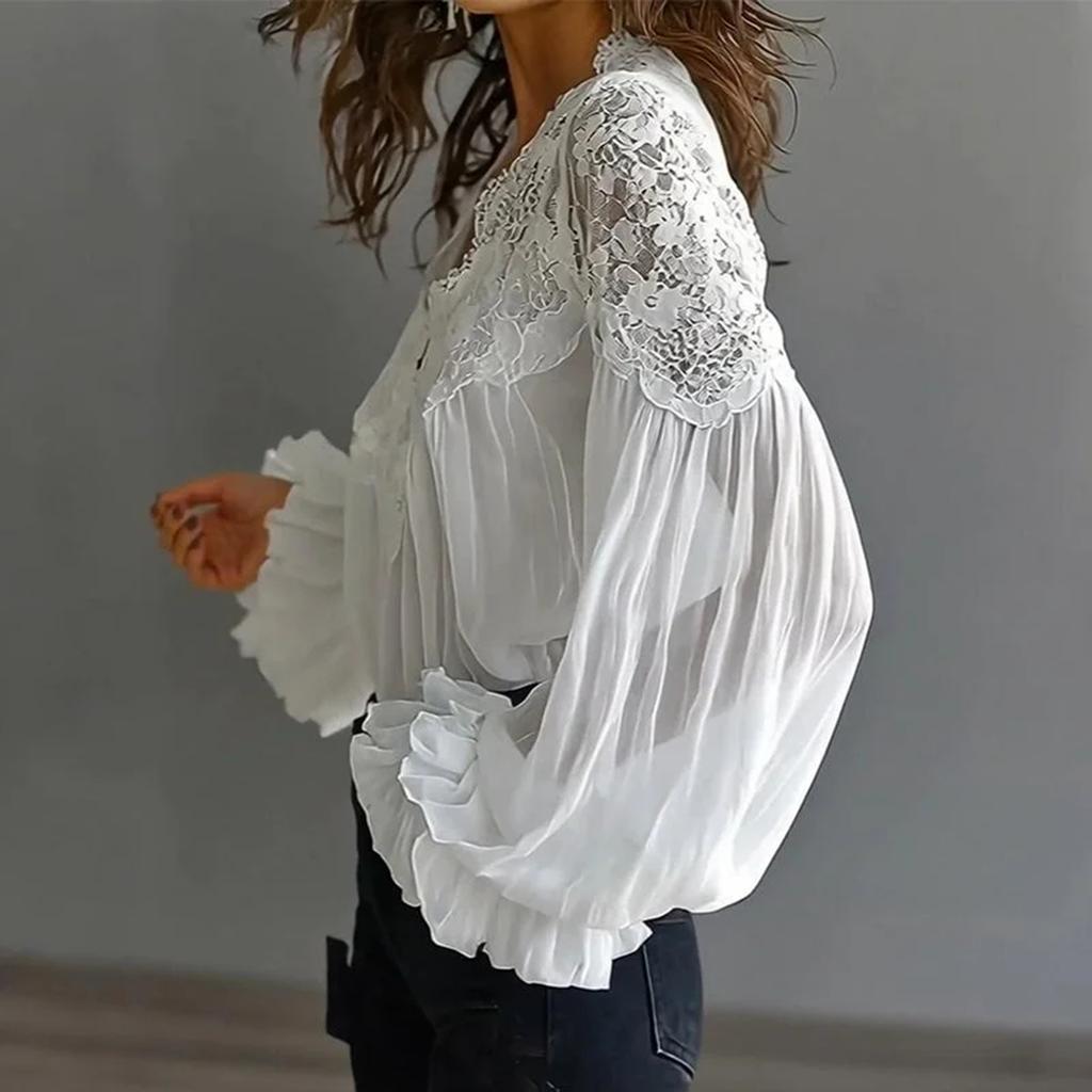 Ladies' Casual Lace Patchwork Bubble Sleeve Pleated Shirt Top