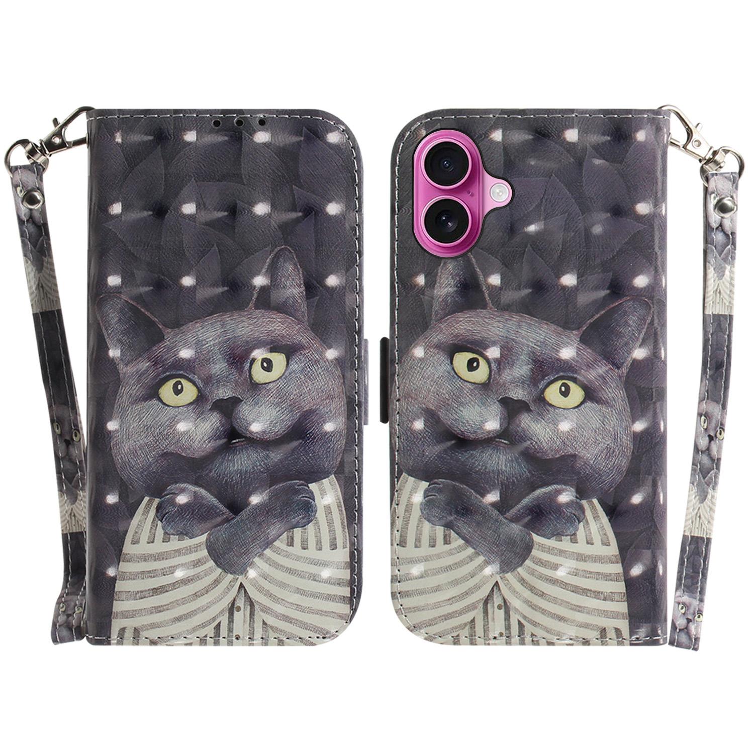 

For iPhone 16 Plus Wallet Case 3D Pattern Print Leather Phone Cover Embracing Cat
