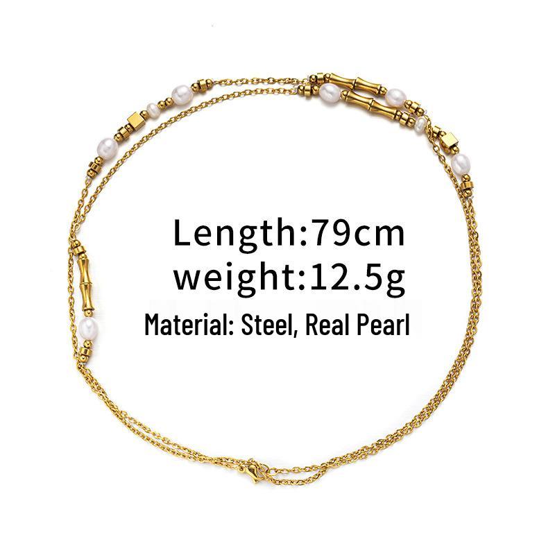 Elegant Inlaid Pearl Stainless Steel Necklace - Versatile, Fashionable, Unique Long Sweater Chain