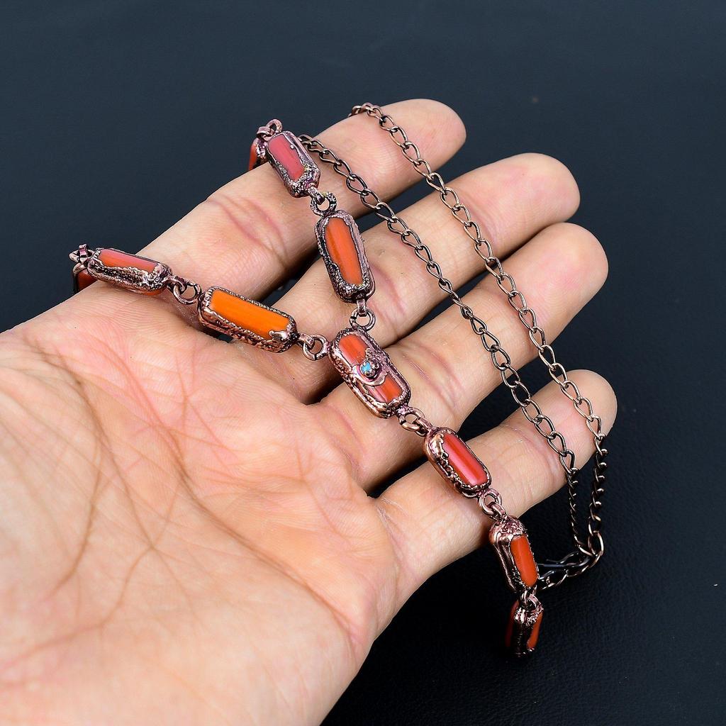 Red Coral Handmade Gemstone Necklace, Copper Electroformed Necklace Antique Jewelry, Adjustable Chain Necklace Engagement Gift