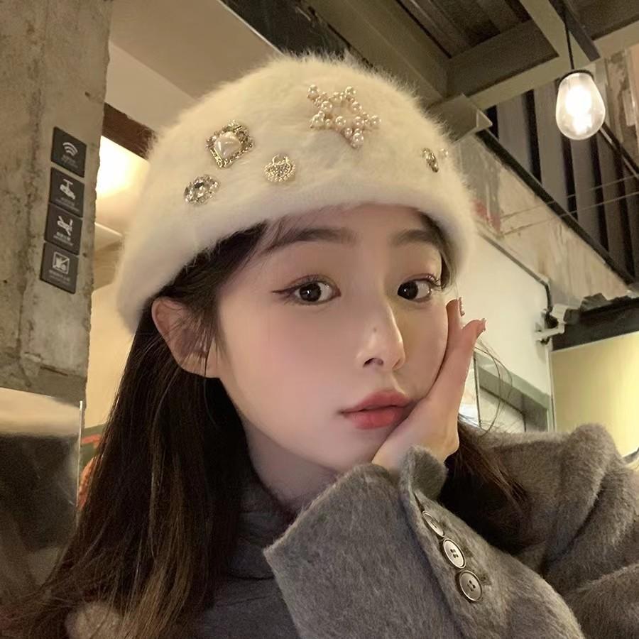 

Берет с тяжелой индустриальной стразой женский осенне-зимний теплый плюшевый шляпа художника модная универсальная шляпа-бутон кепка вперед тренд adult (56-58cm)