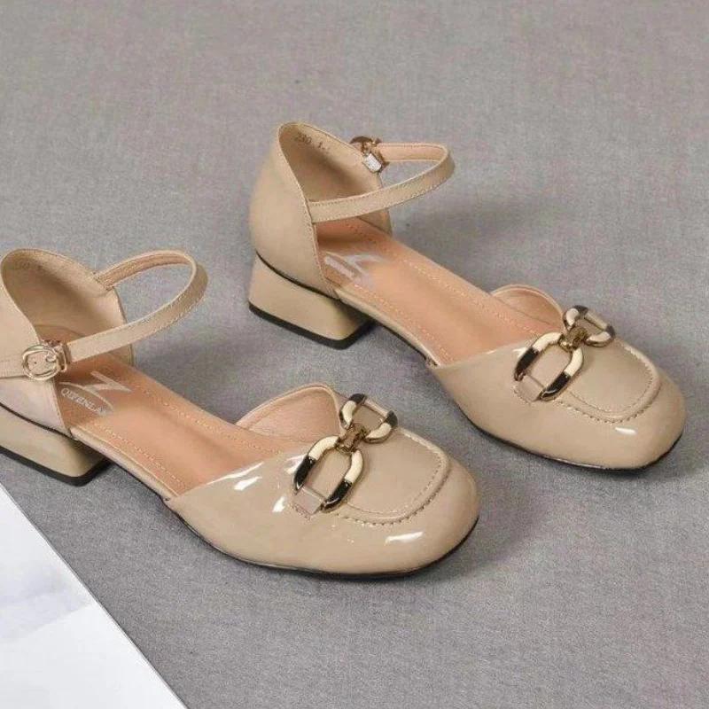 Fashion Block Heel Ladies Footwear Cute Metal Decoration Women's Shoes Chunky Heels Luxury Leather Casual Low Elegant Round Toe Kawaii E