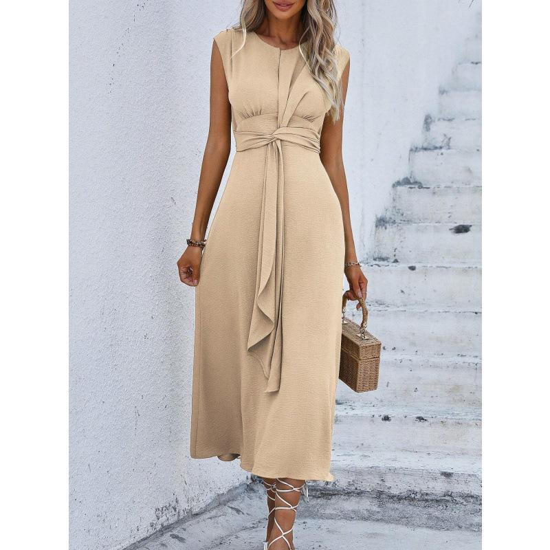 Women's Sleeveless Waist-Hugging Long Dress - Summer/Autumn, Elegant European & American Style, Slimming Fit