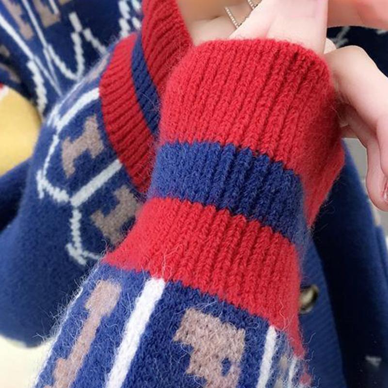 Lazy Jacquard V-Ausschnitt Langarm Warm Loose Sweater Cardigan Damen Strick Loose Sweater Jacke Wild Knit Cardigan