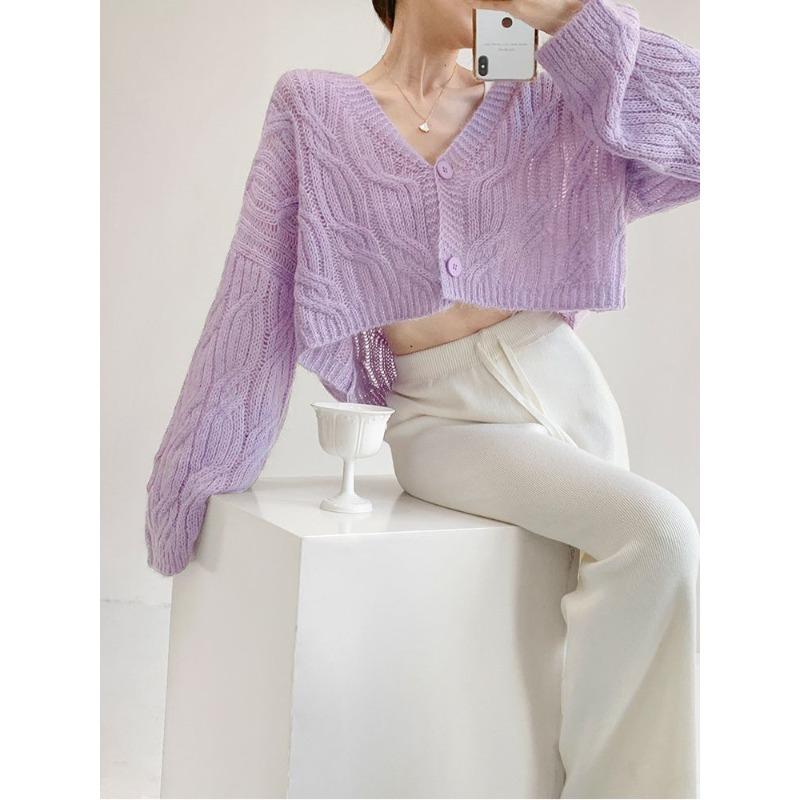Mohair Gentle Wind V-neck Twist Knitted Cardigan Women Lazy Loose Casual Thin Short Long-sleeved Sweater Women