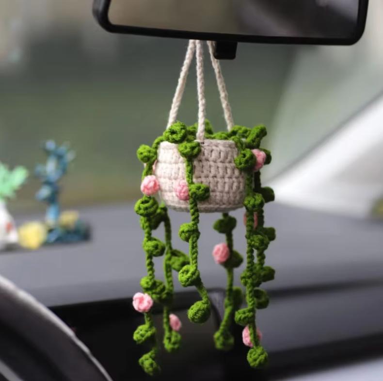 Handgemaakte Haak Auto Styling Planten Vetplant Auto Plant Ornamenten Decoratie Interieur Accessoires Schattig Cadeau voor Vrouwen roze