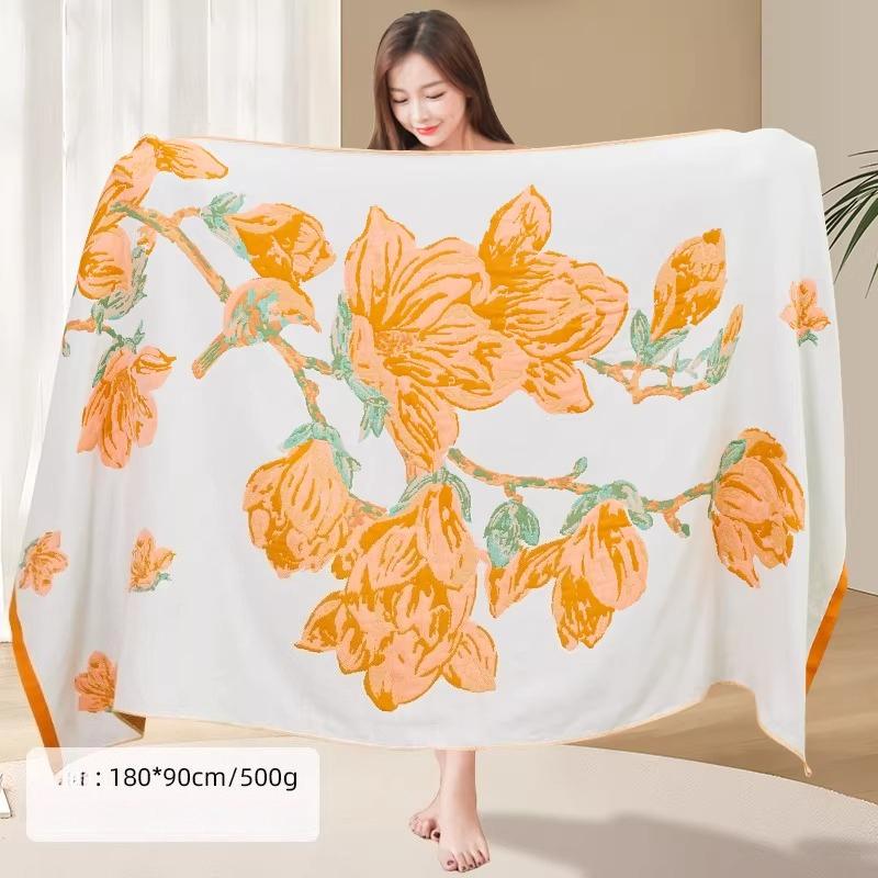 90 × 180cm Extra Large Size Bath Towel,Pure Cotton Gauze Bath Towel Floral Pattern Water-absorbing Quick-drying Soft Bath Towel,1pc