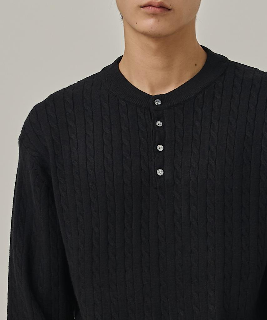 ANALOG MOOD Washable Cable Henley Neck Knit T-Shirt (Black)