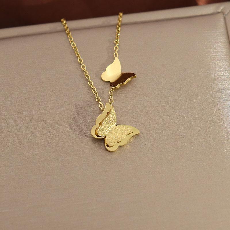 Nubuck Butterfly Titanium Steel Necklace Women'S Stainless Steel Nubuck Double Butterfly Necklace